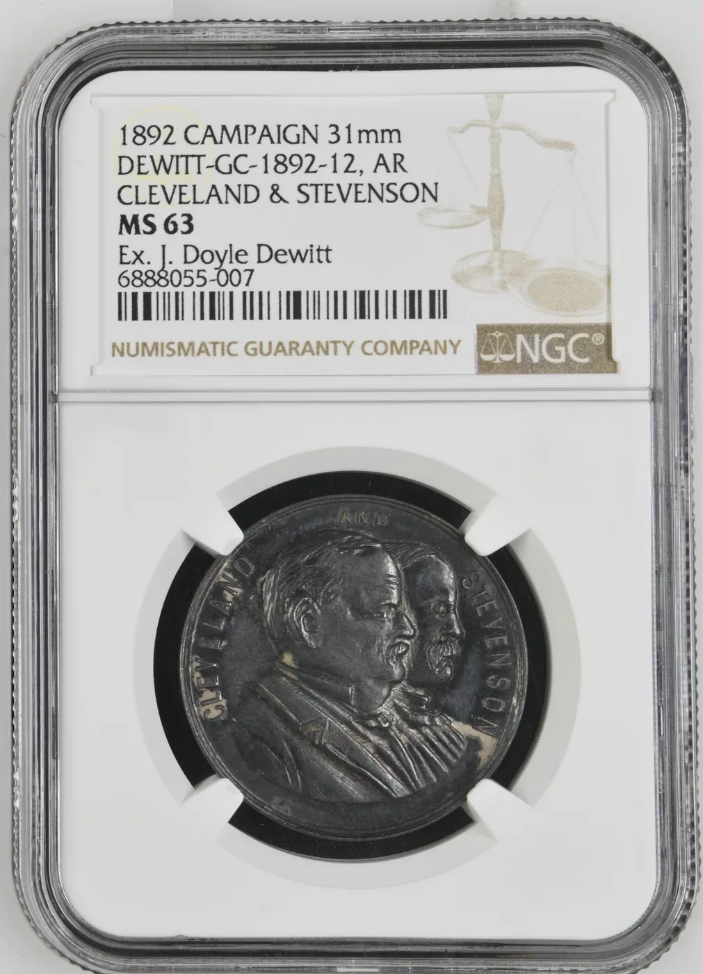 1892 Cleveland and Stevenson silver campaign medal, DeWitt-GC-1892-12, graded NGC MS 63, ex J. Doyle DeWitt