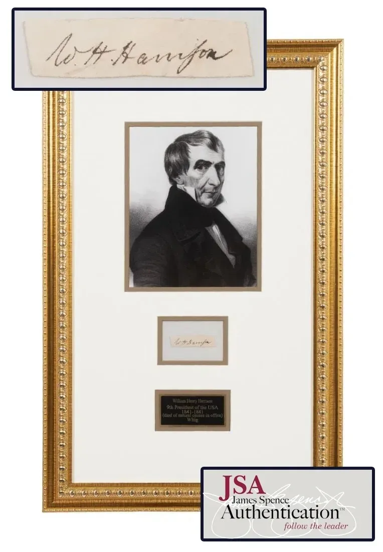 William Henry Harrison signed cut, framed with a portrait engraving, authenticated by JSA