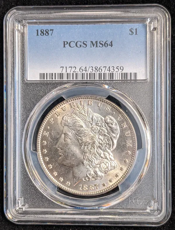 1887 Morgan silver dollar graded PCGS MS 64