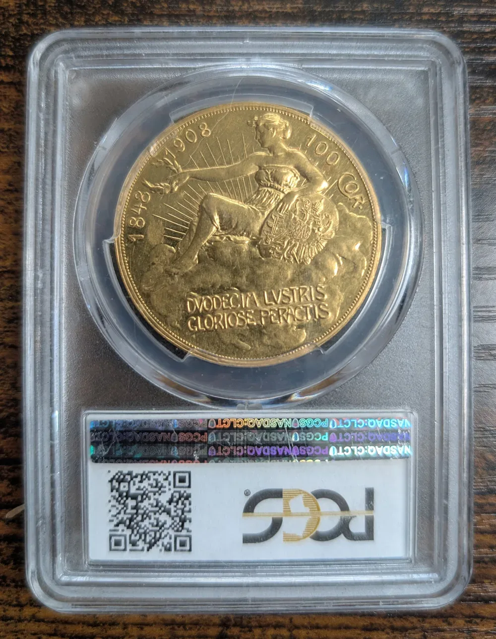 1908 Austria Franz Joseph I gold 100 corona, the Lady in the Clouds jubilee type, graded PCGS AU 55
