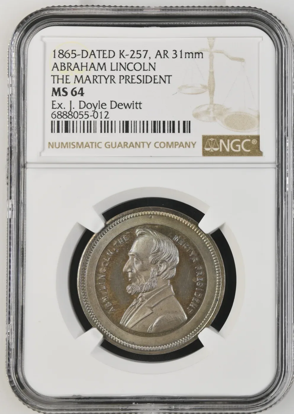 1865 Abraham Lincoln The Martyr President silver medal, King-257, graded NGC MS 64, ex J. Doyle DeWitt