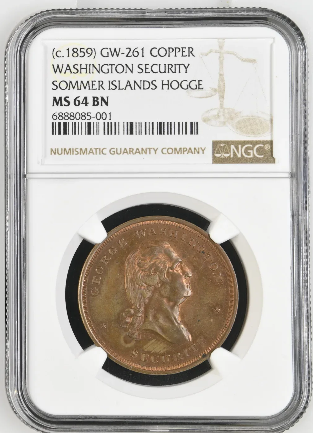 Washington Security, Sommer Islands hogge copper medal, GW-261, graded NGC MS 64 BN, ex J. Doyle DeWitt