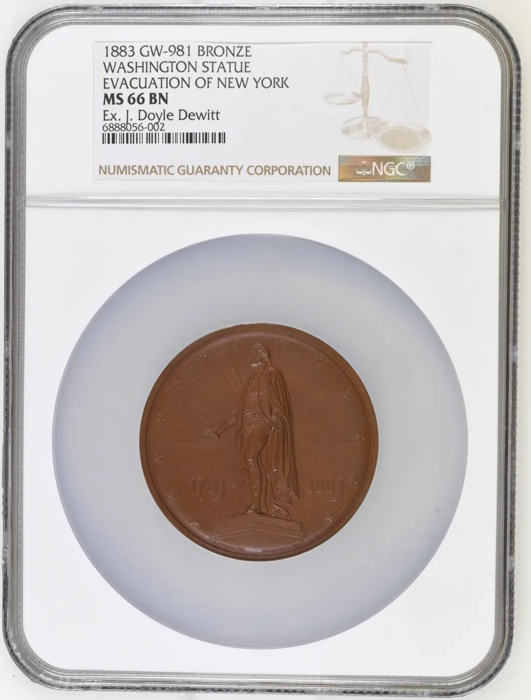 1883 Washington Statue, Evacuation of New York bronze medal, GW-981, graded NGC MS 66 BN, ex J. Doyle DeWitt