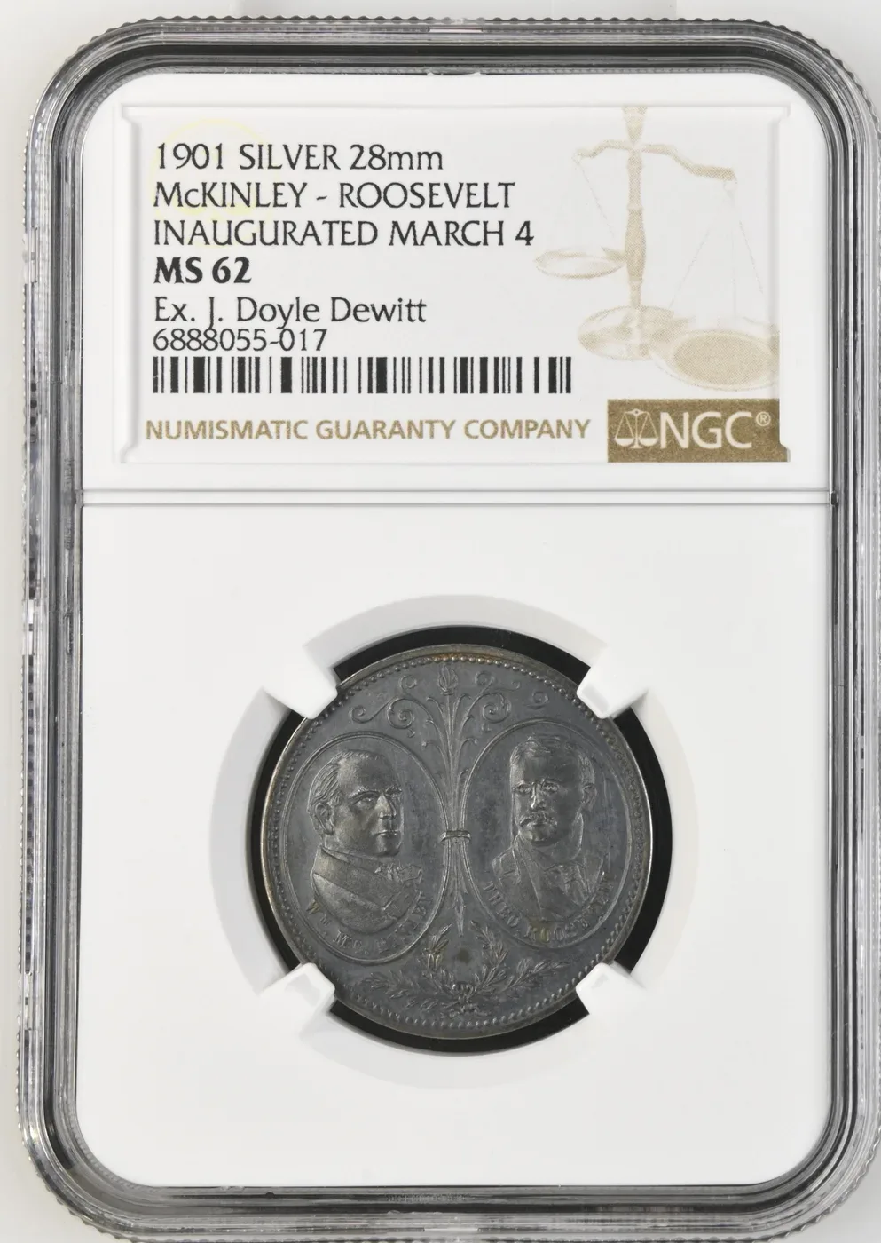 1901 McKinley and Roosevelt silver inaugural medal, graded NGC MS 62, ex J. Doyle DeWitt