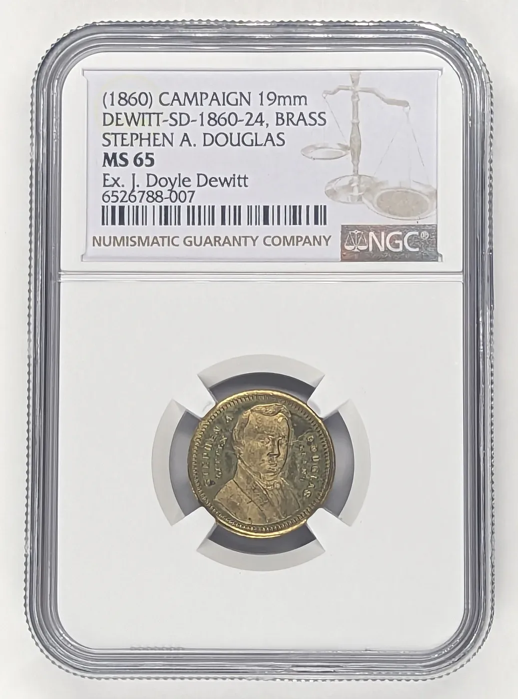 1860 Stephen A. Douglas campaign medal, DeWitt-SD-1860-24 in brass, graded NGC MS 65, ex J. Doyle DeWitt