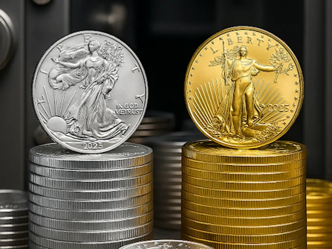 Gold and silver American Eagle coins stacked in front of a safe