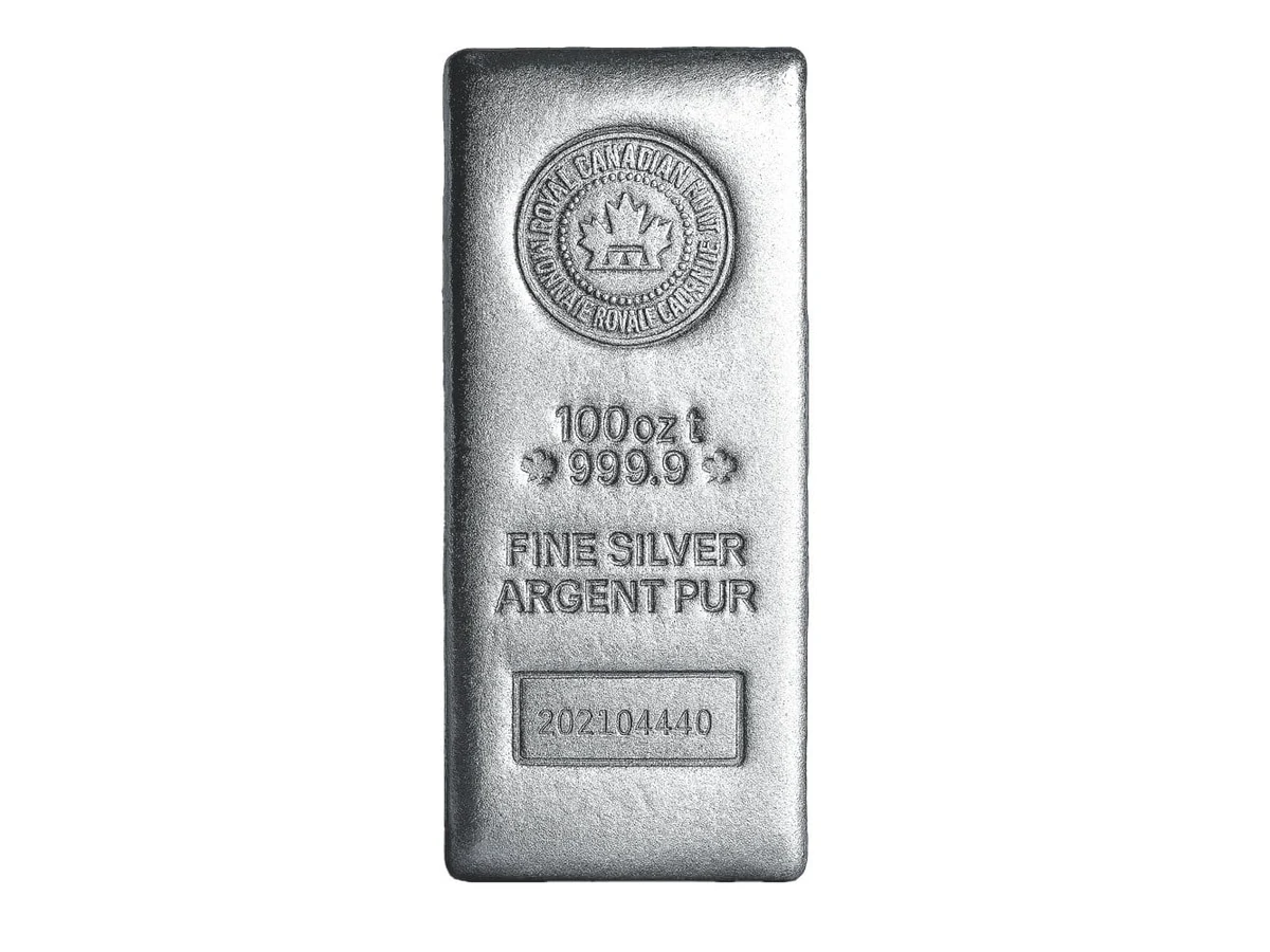 One hundred ounce Royal Canadian Mint .999 fine silver bar
