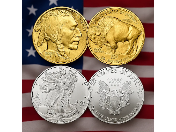 American Gold Buffalo and Silver Eagle coins against a US flag
