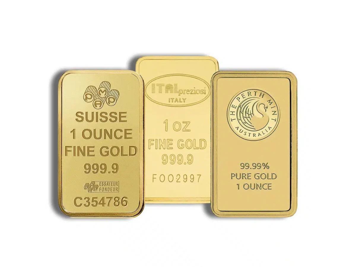 One ounce gold bars from Valcambi, the Royal Canadian Mint and Perth Mint