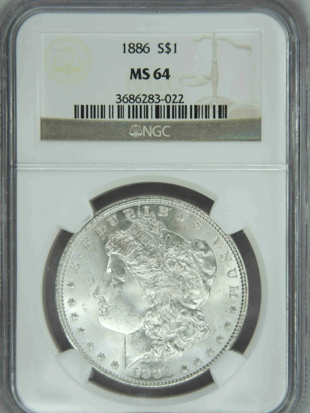 1886 Morgan silver dollar graded NGC MS 64