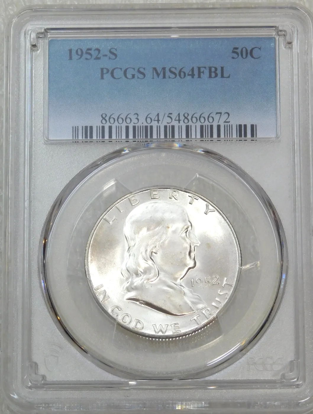 1952-S Franklin half dollar graded PCGS MS 64 FBL