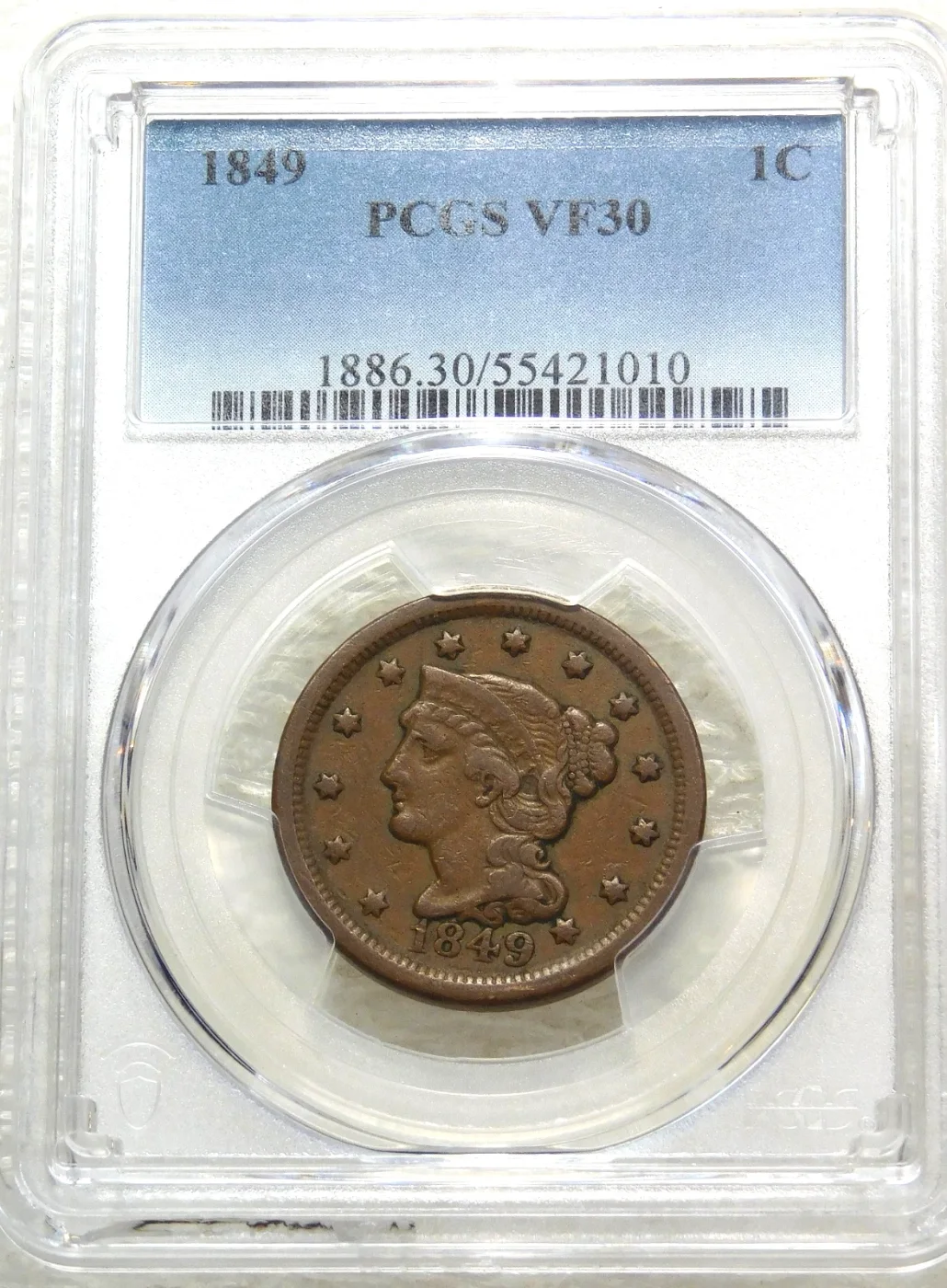 1849 large cent graded PCGS VF 30
